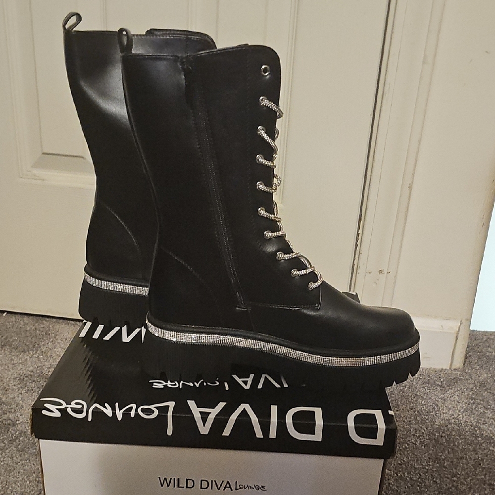 Wild Diva Black Lace Up Boots with Combat Style